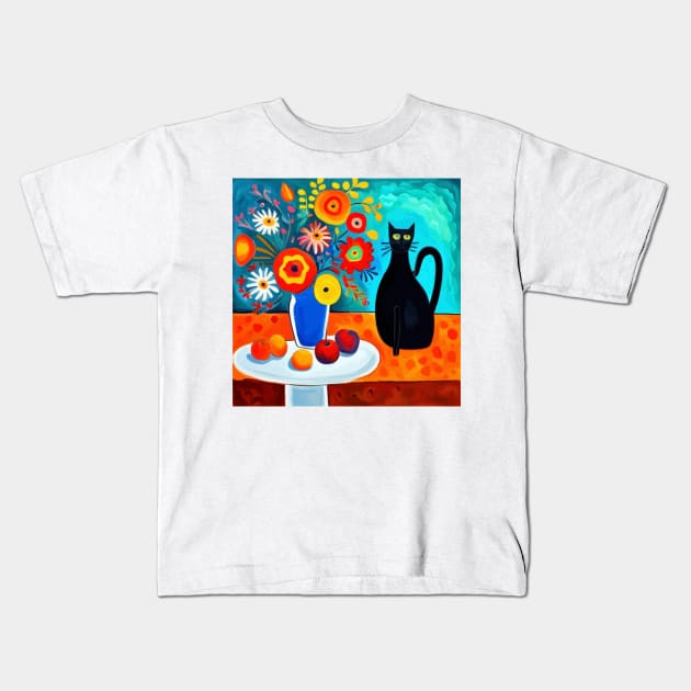 Still Life Painting with Black Cat and Flowers in a Blue Vase Kids T-Shirt by bragova